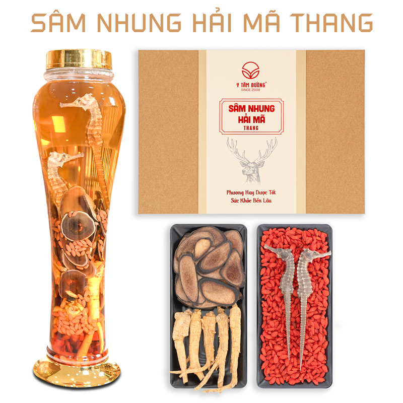 SÂM NHUNG HẢI MÃ THANG GỒM CÁC DƯỢC LIỆU QUÝ NHƯ NHÂN SÂM NHUNG HƯƠU HẢI MÃ